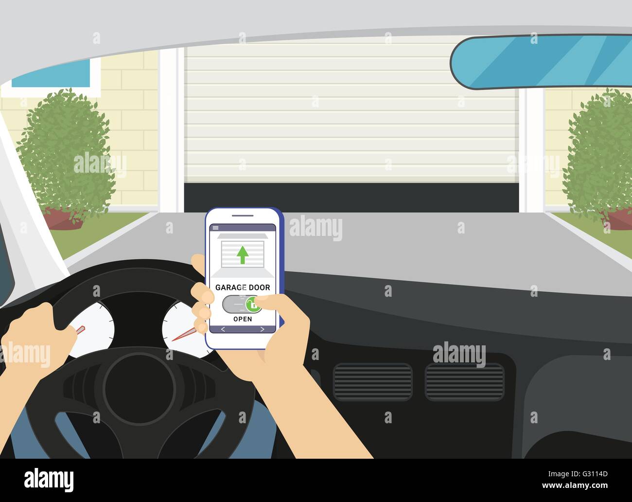 Accesso remoto tramite smartphone mobile app per la porta del garage Illustrazione Vettoriale