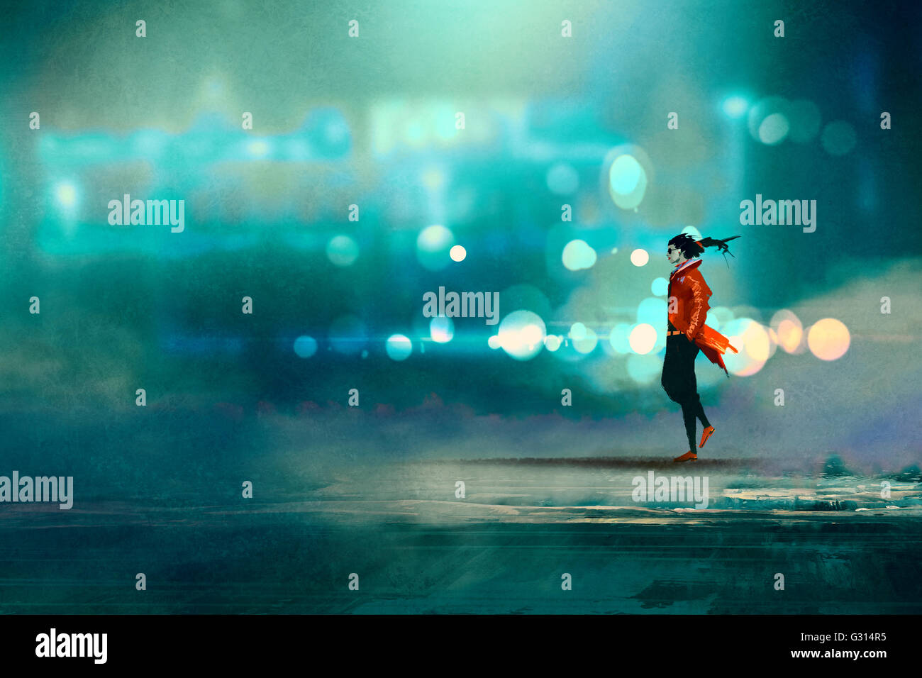 Uomo a camminare di notte nella città,splendida freddo sfondo bokeh di fondo,l'illustrazione Foto Stock