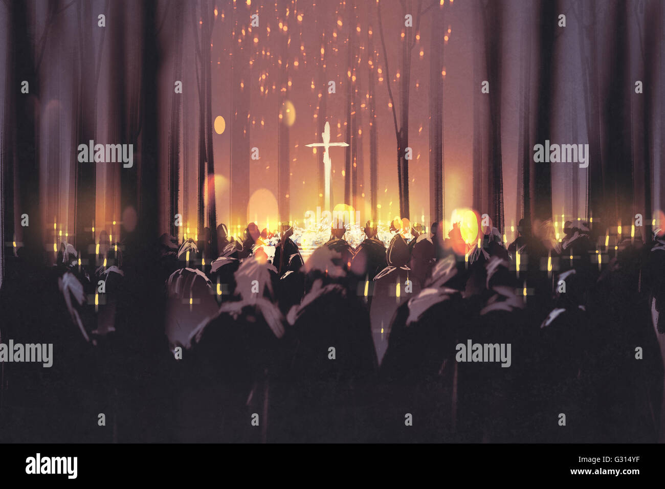 Lutto,funerale,persone partecipano a una veglia e la luce delle candele nella foresta, illustrazione Foto Stock