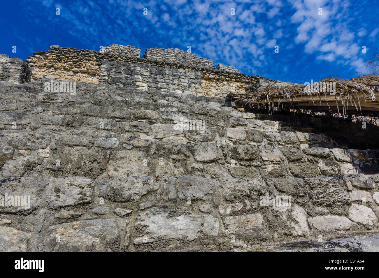 Dettaglio di teh lavori in pietra a costruire un tempio Maya a Chacchoben rovine. Chacchoben, Messico Foto Stock