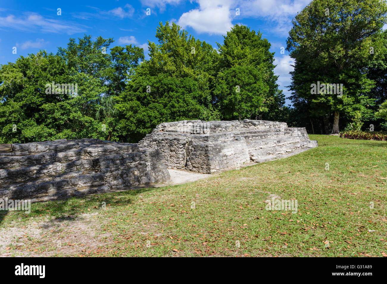 I templi gemelli in rovine maya di Chacchoben. Chacchoben, Messico Foto Stock
