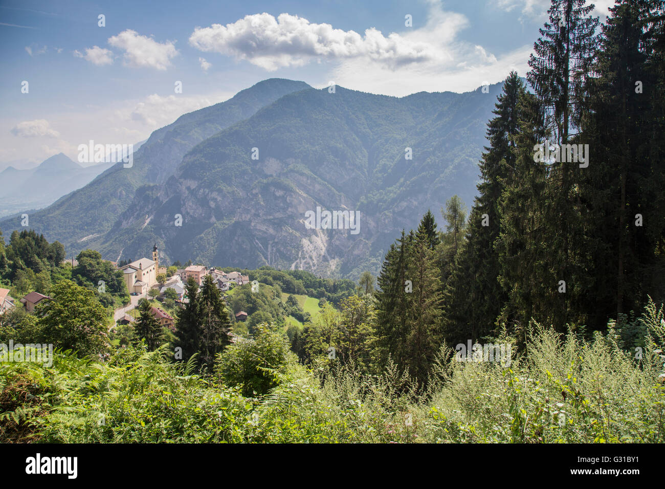 Montagne delle Alpi con il verde dei boschi nella luce del sole. Altopiano di Asiago, Italia Foto Stock