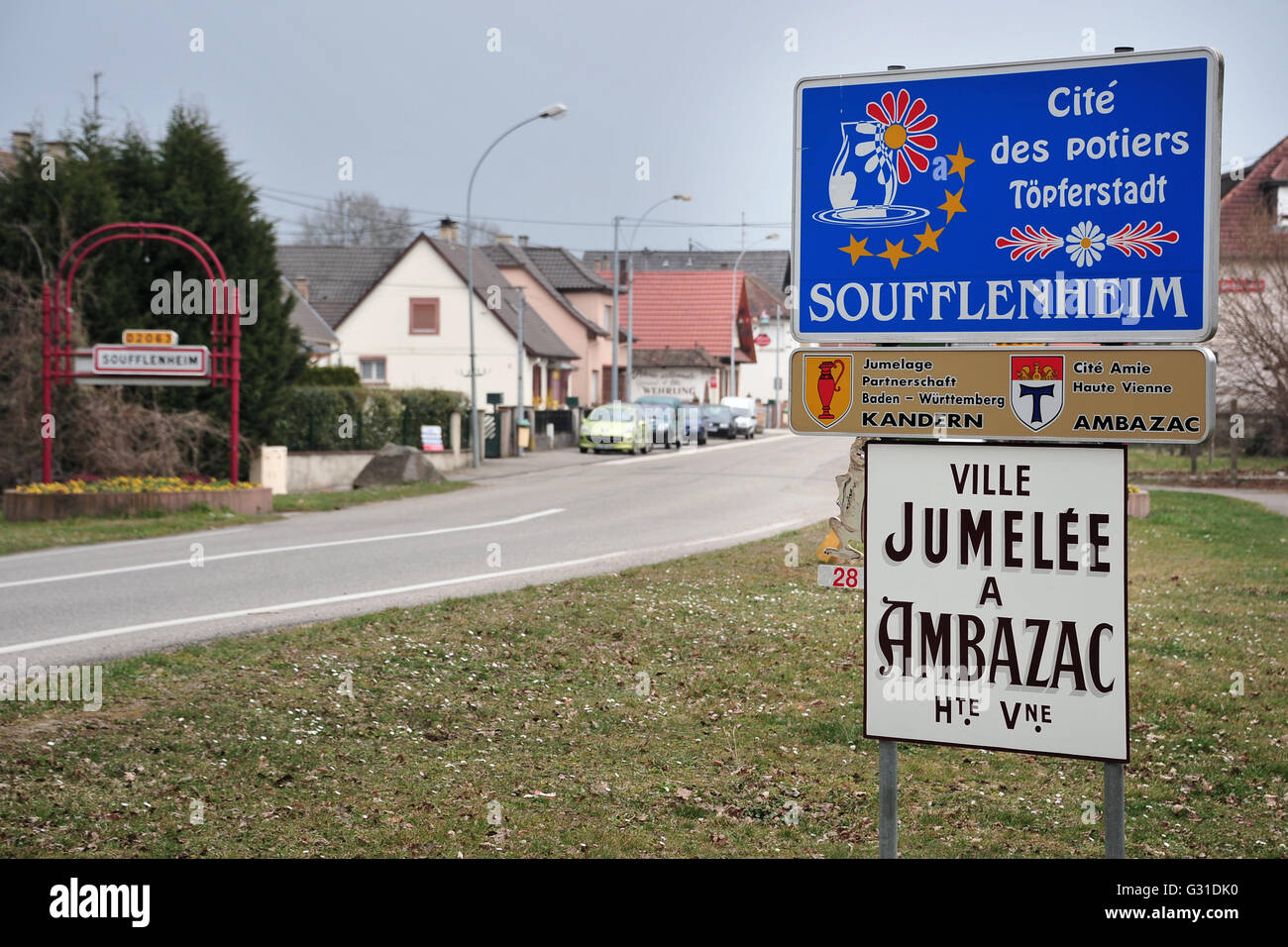 Soufflenheim, Francia, entrata segno di Toepfer Soufflenheim mappa Foto Stock