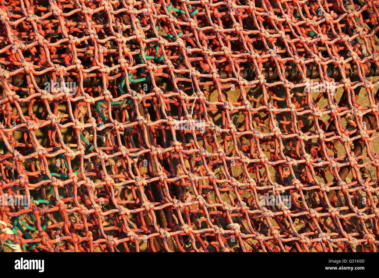 Sfondo arancione di reti da pesca, Irlanda. Foto Stock