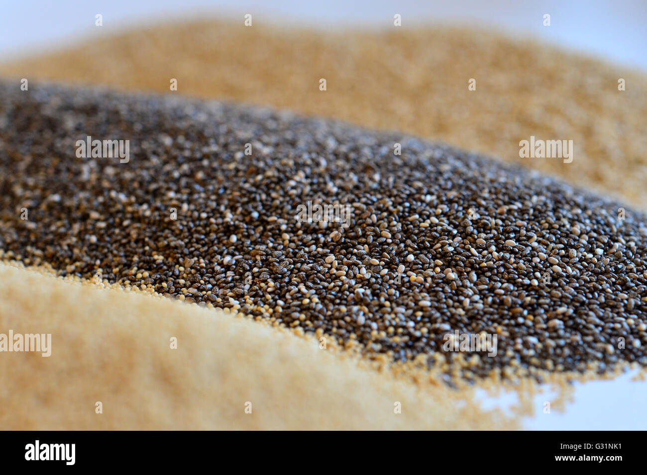 Hannover, Germania, dettaglio colpo di amaranto, chia semi e semi di quinoa Foto Stock