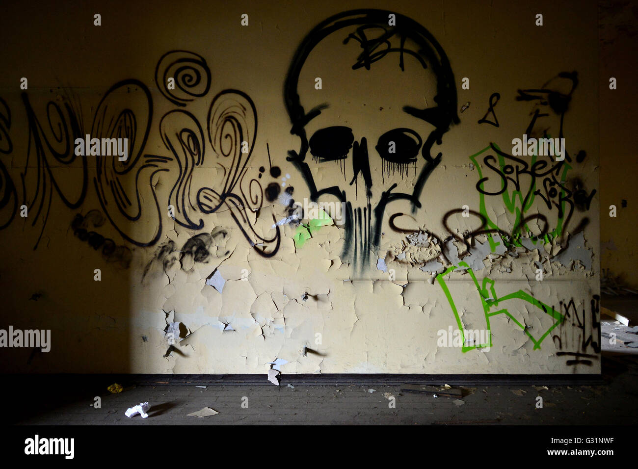 Chemnitz, Germania, graffiti su una parete di un edificio abbandonato Foto Stock