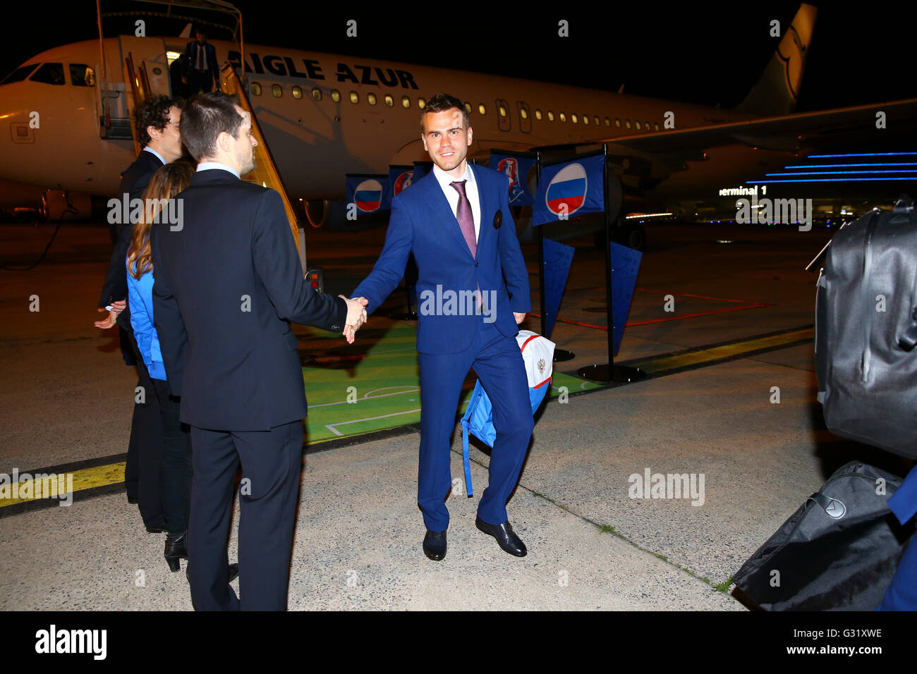 05.06.2016. Charles de Gaulles, Parigi, Francia. La Federazione di Euro 2016 football team arriva per il torneo di Euro. Foto Stock