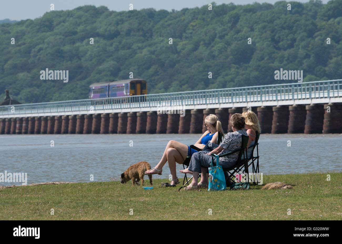 Minthorpe, Cumbria, Regno Unito. Il 6 giugno, 2016. I visitatori osservano come Carlisle treno passa sul fiume Kent via Arnside viadotto per Arnside stazione, Cumbria dove temperature hit 26 gradi celsius. Credito: John Eveson/Alamy Live News Foto Stock