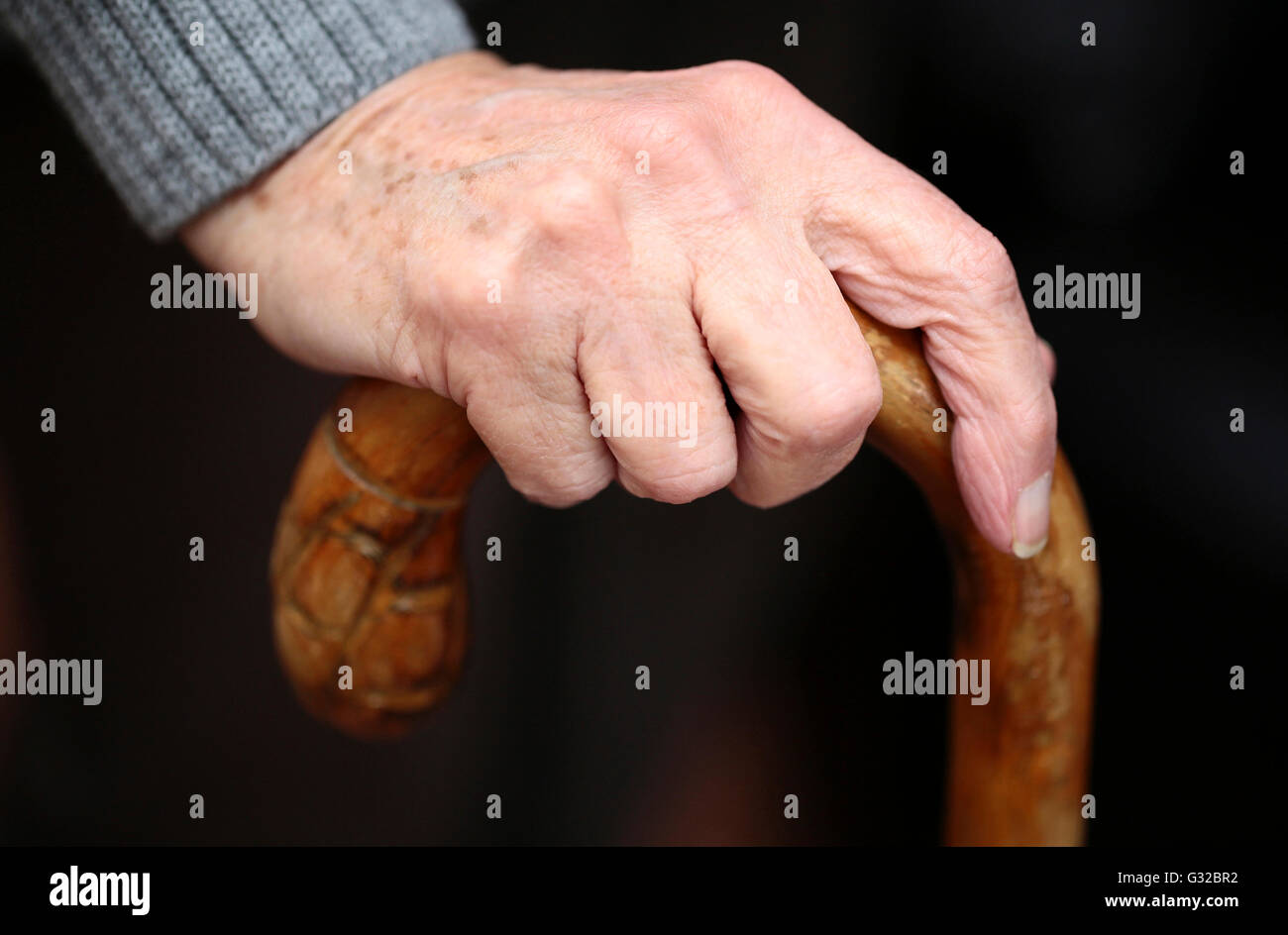 Una mano di una donna anziana su una canna da zucchero Foto Stock