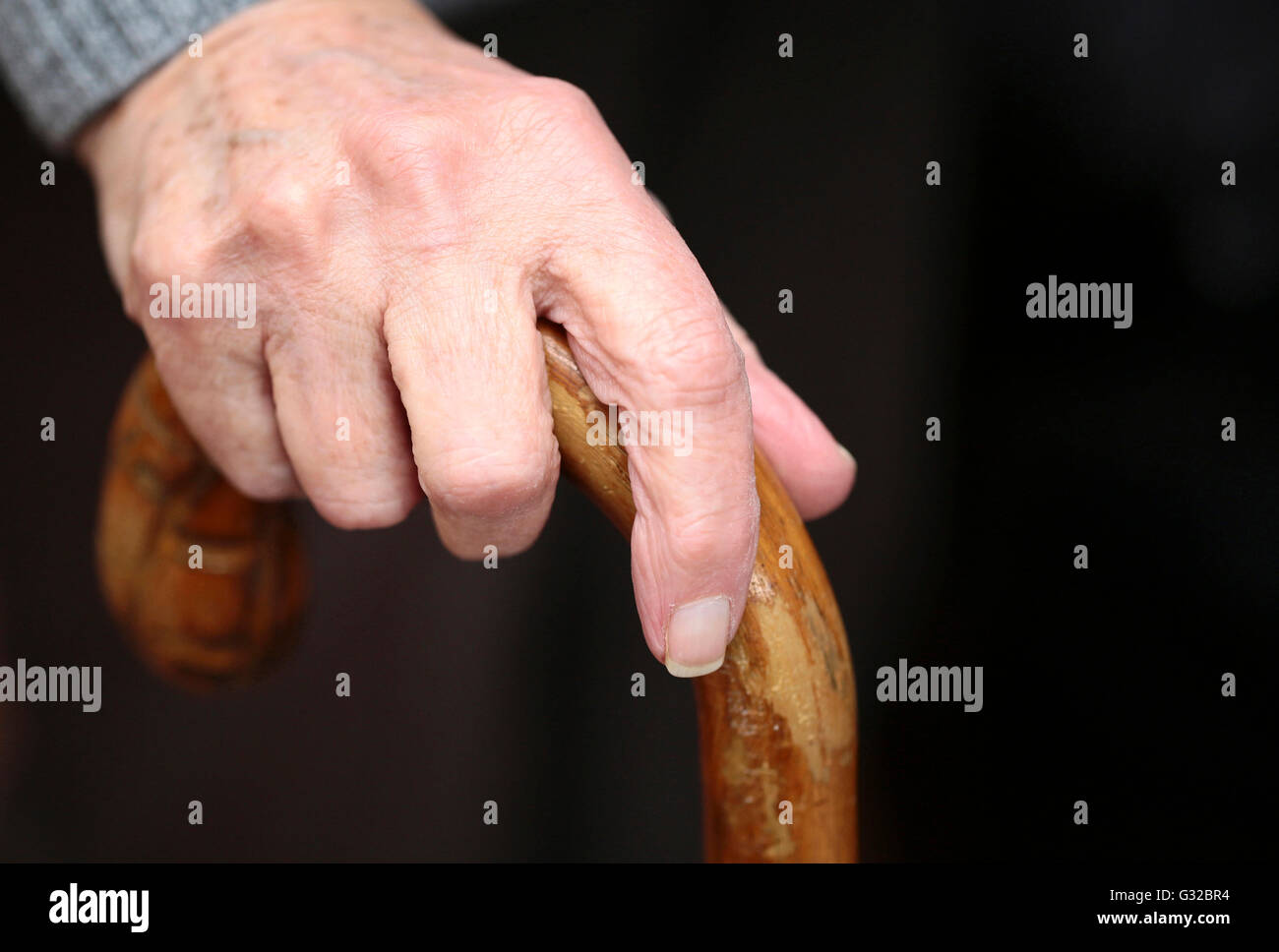Una mano di una donna anziana su una canna da zucchero Foto Stock