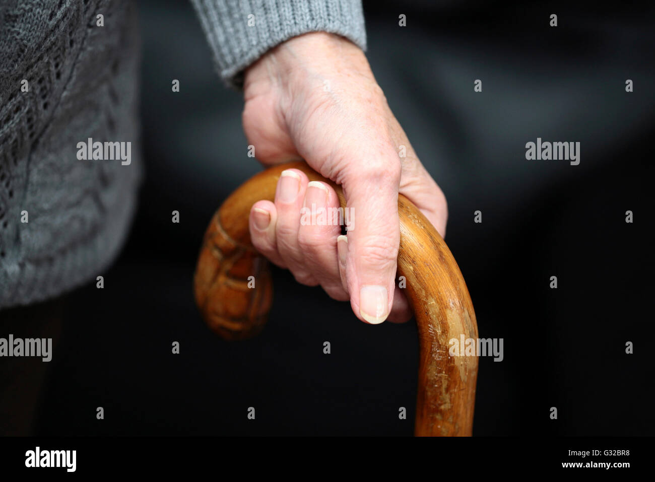 Una mano di una donna anziana su una canna da zucchero Foto Stock