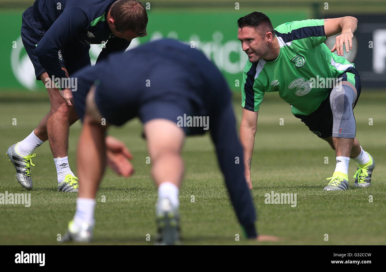 Repubblica di Irlanda di Robbie Keane durante una delle sessioni di formazione a livello nazionale Sport in campus Abbotstown, Dublino. Foto Stock