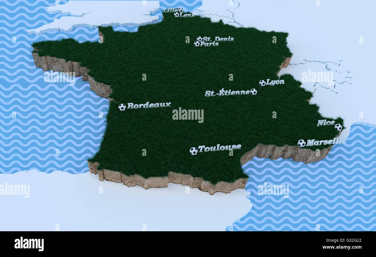 Frankreichkontur aus Europa hervorgehoben, EURO 16 Spielstätten in 3D-Buchstaben und Fussbällen, Mittelmeer und Nordsee in Welle Foto Stock