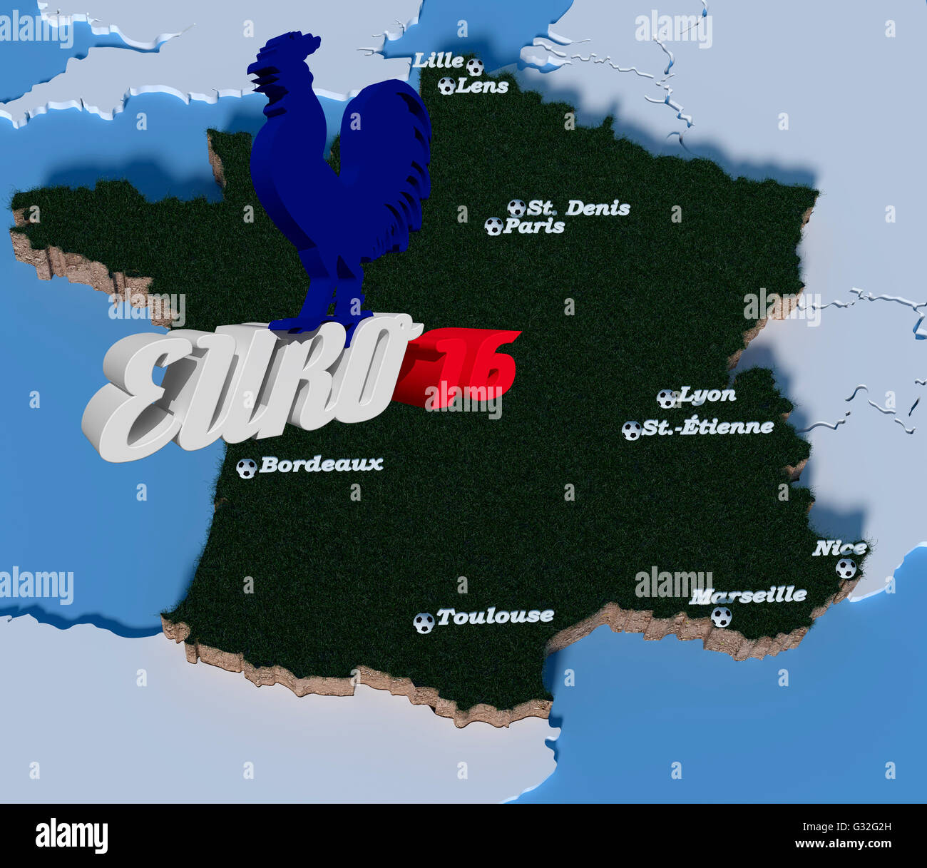 Vista dall'alto su un 3D France-Contour con città delle partite disputate questa euopean Championship 2016, sulle lettere Euro 16 siede una Gallia Foto Stock