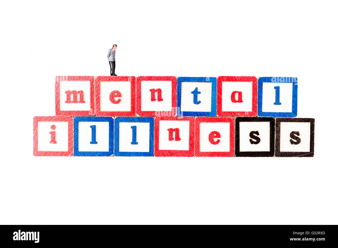 Malattia mentale ansia depressione premuto schizofrenia preoccupazioni preoccuparsi della salute ritaglio spaventa tagliare lo sfondo bianco isolato Foto Stock