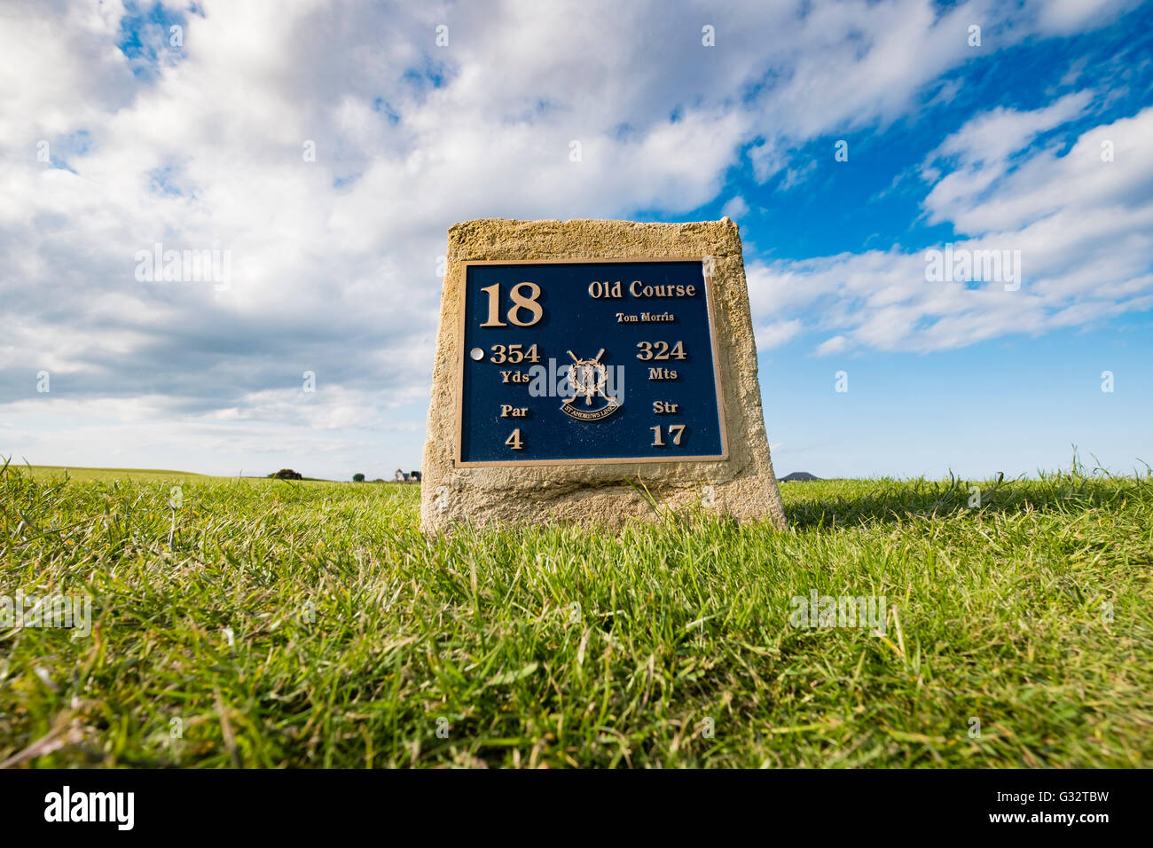 Scatola a T sul diciottesimo foro , Tom Morris, a Old Course di St Andrews in Scozia Fife, Regno Unito Foto Stock