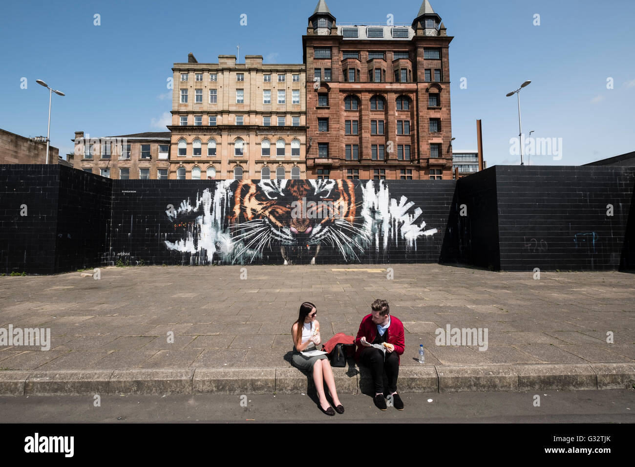 Tiger street arte murale sulla parete nella zona centrale di Glasgow, Scozia , Regno Unito Foto Stock
