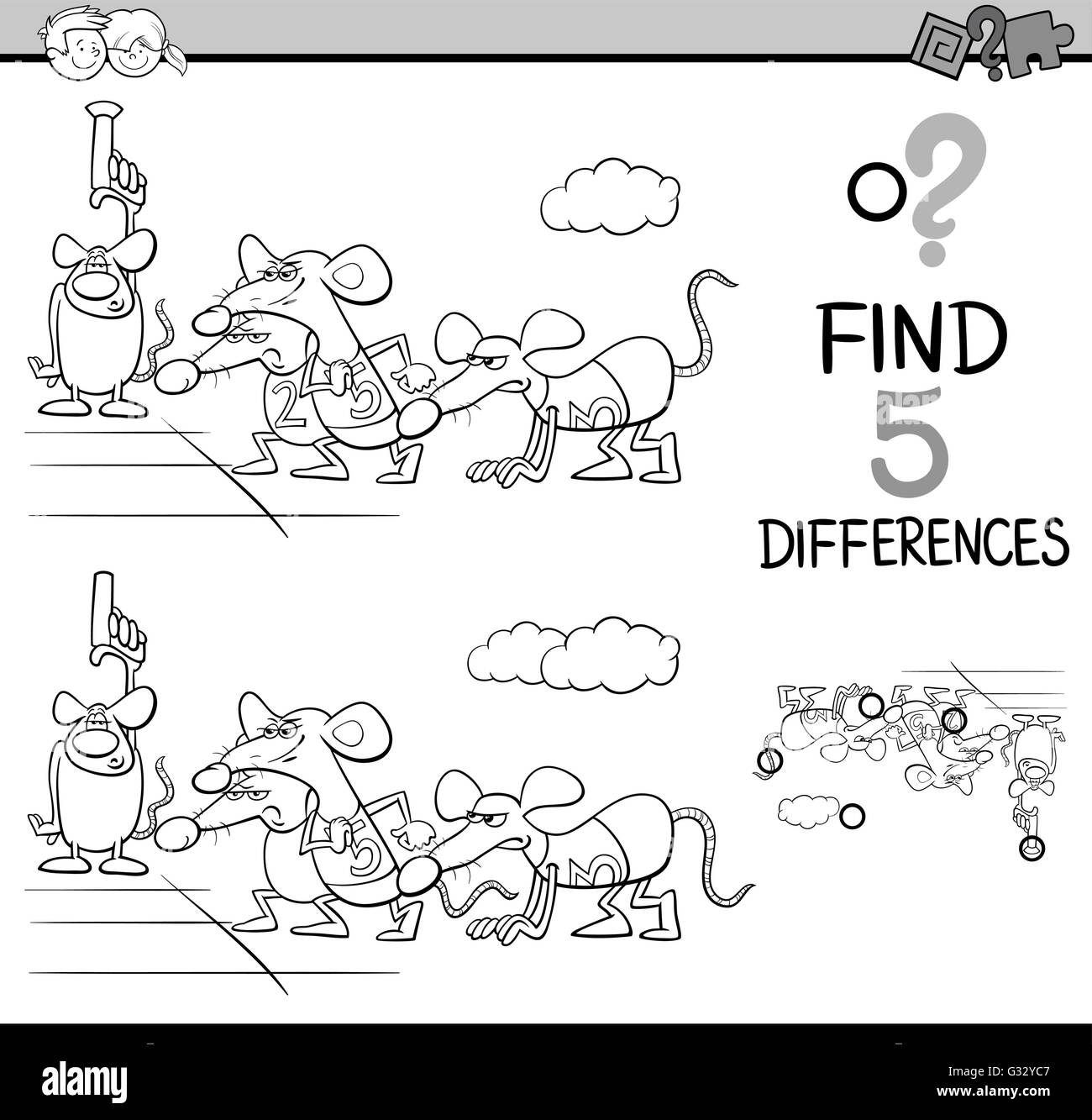 Bianco e Nero Cartoon illustrazione di trovare differenze di Attività Educative Attività per bambini in età prescolare con corsa del ratto Sayin Illustrazione Vettoriale
