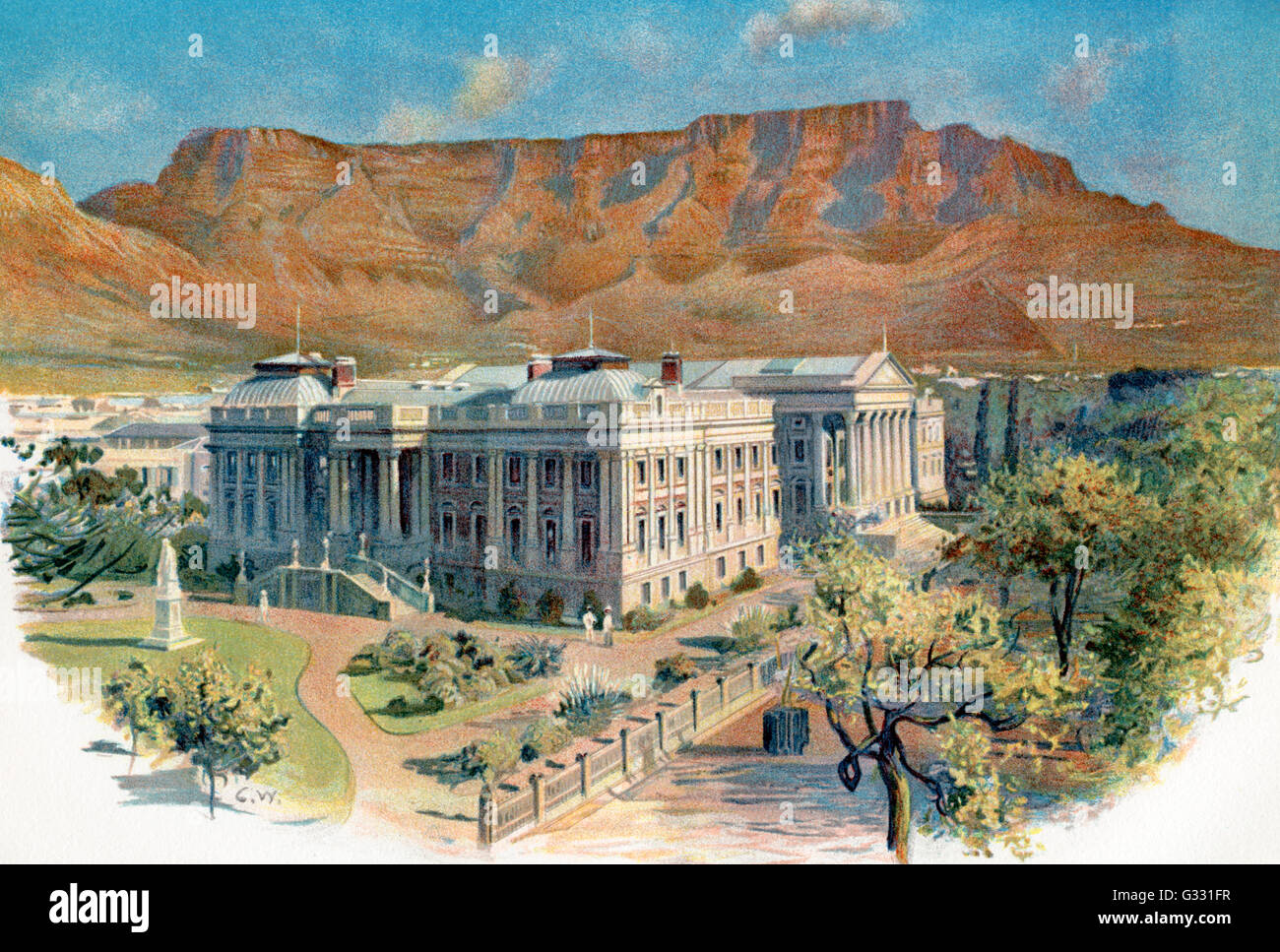 La Casa del Parlamento con la Table Mountain dietro, Cape Town, Sud Africa nel XIX secolo. Foto Stock