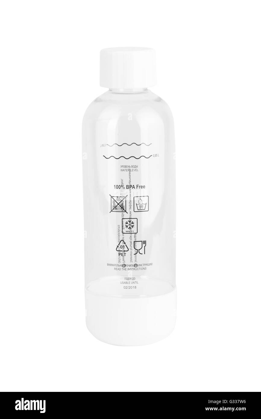 Bottiglia di soda o sifon Seltzer bottiglia. Vista dall'alto. Isolato su sfondo bianco. Foto Stock