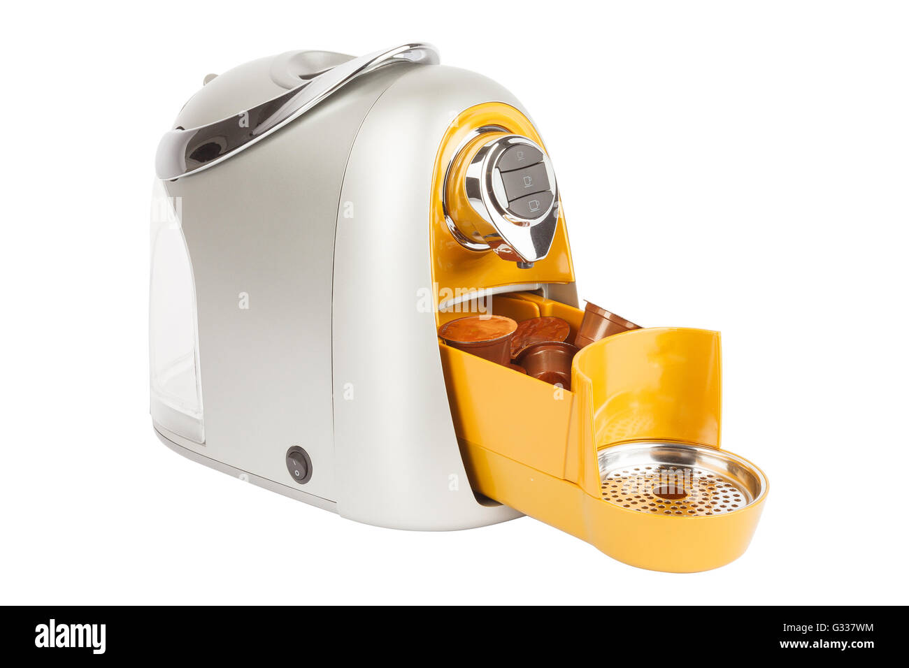 Capsula di caffè espresso maker o macchina per il caffè. Vista laterale. Isolato su sfondo bianco. Foto Stock