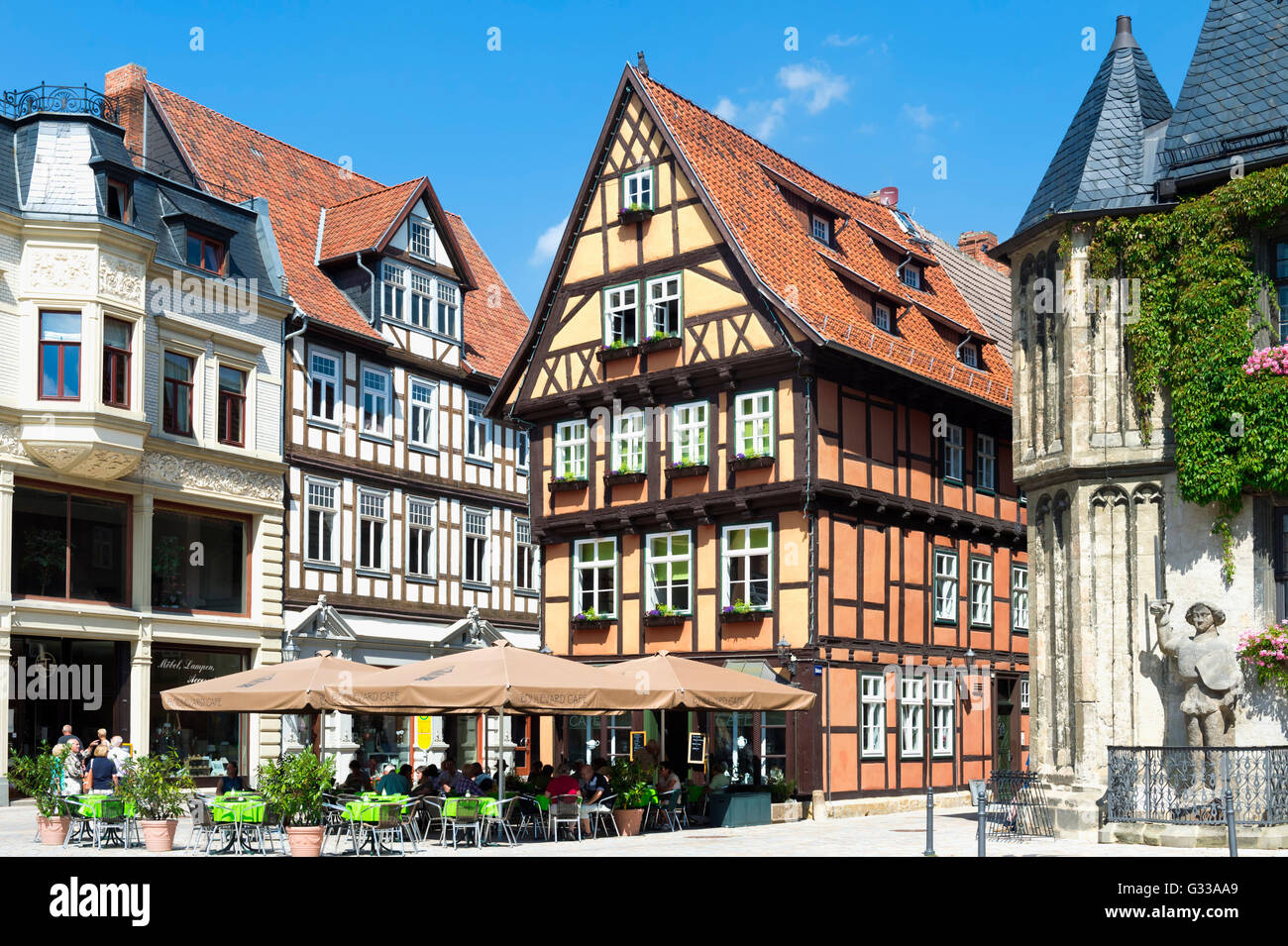 Tipiche case a graticcio, Quedlinburg, Harz, Sassonia-Anhalt, Germania, Patrimonio Mondiale dell Unesco Foto Stock