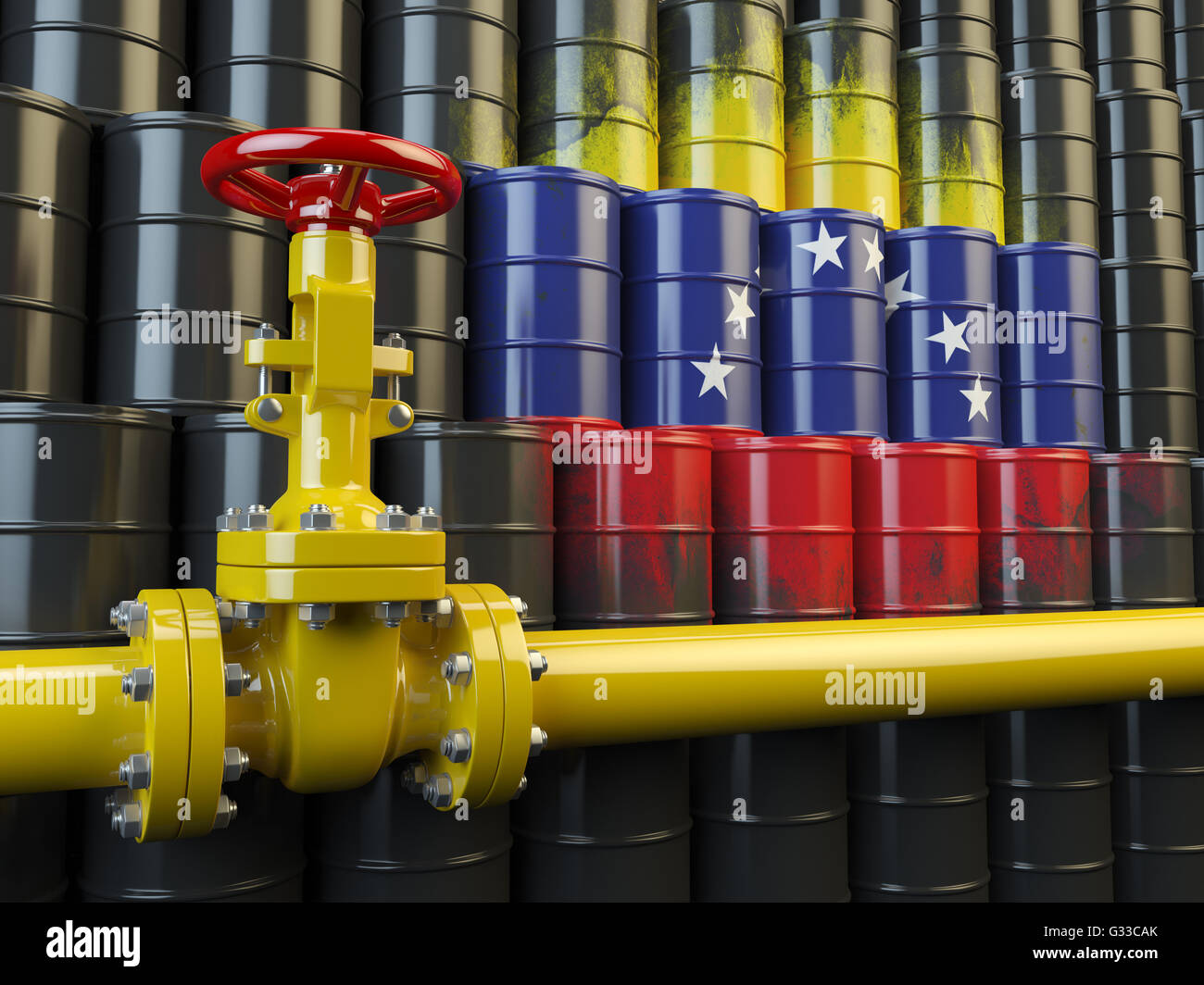 Tubo dell'olio valvola di linea davanti alla bandiera del Venezuela in barili d'olio. Venezuelano di gas e olio combustibile concetto energetico. 3d illustr Foto Stock