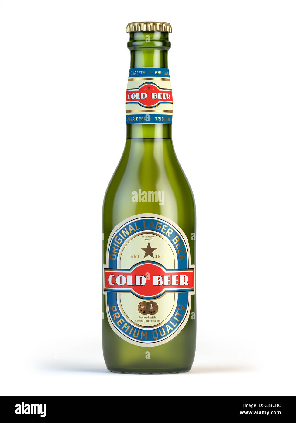 Bottiglia di birra con etichetta "birra fredda' isolato su bianco. 3d illustrazione Foto Stock