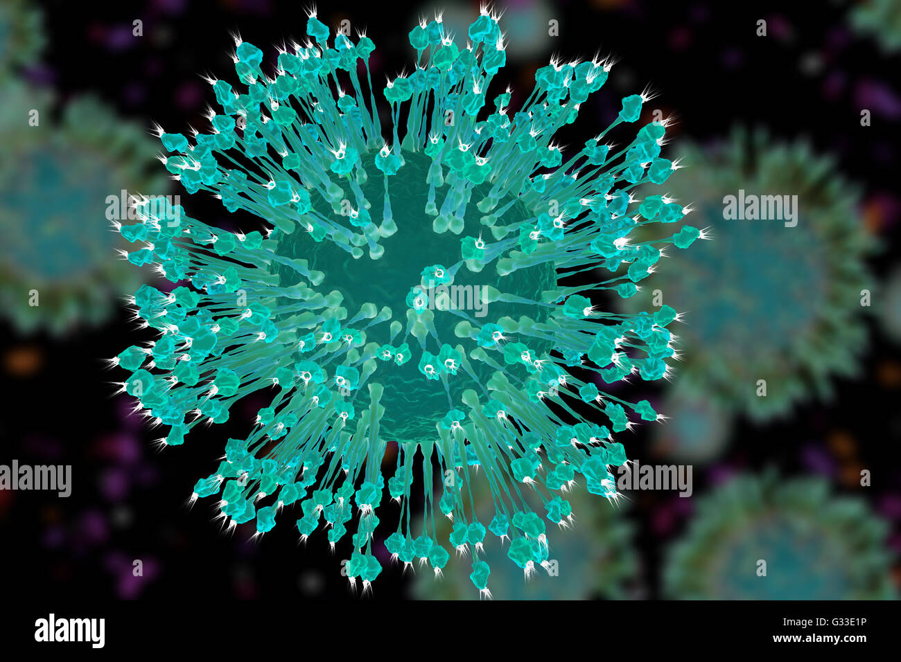 Virus al microscopio. Alta definizione di microbiologia. Popolari sfondo scientifico. 3D illustrazione Foto Stock
