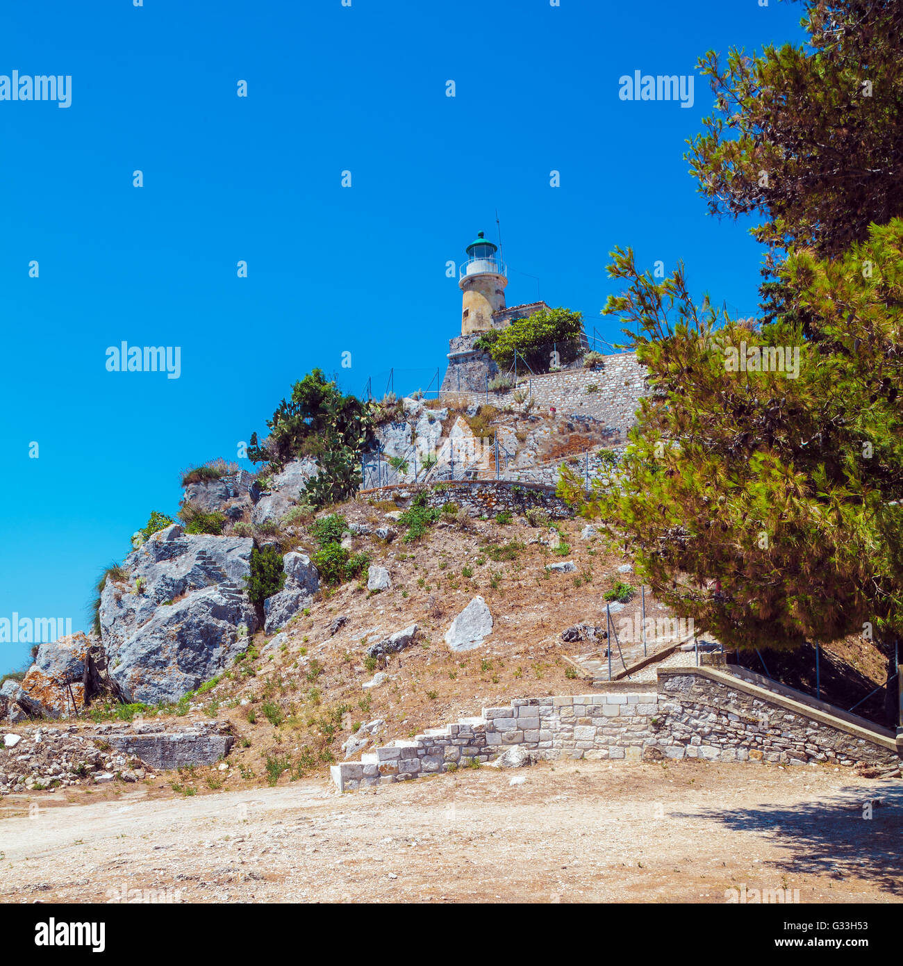 Faro di Fortezza vecchia di Corfu', l'isola di Corfù, Grecia Foto Stock