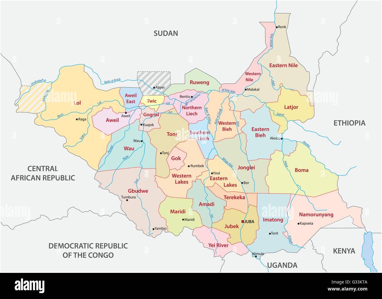 Vector politica e amministrativa di mappa della Repubblica del Sud Sudan Illustrazione Vettoriale