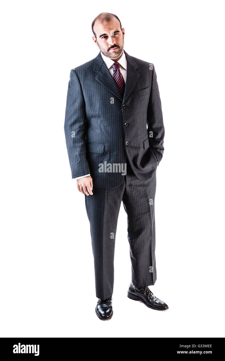 Ritratto di un imprenditore di classe indossa una tuta isolate su uno sfondo bianco Foto Stock