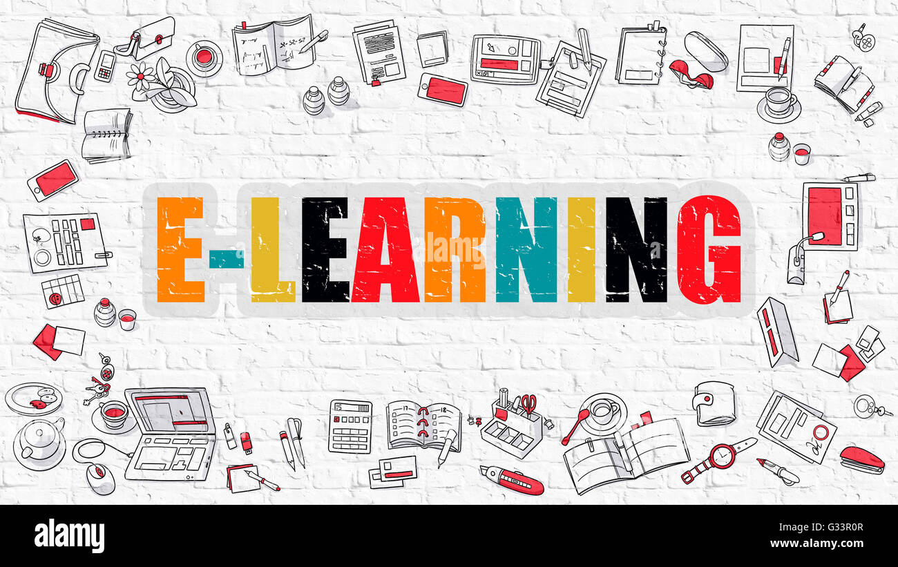 L'E-Learning concetto con Doodle icone del design. Foto Stock