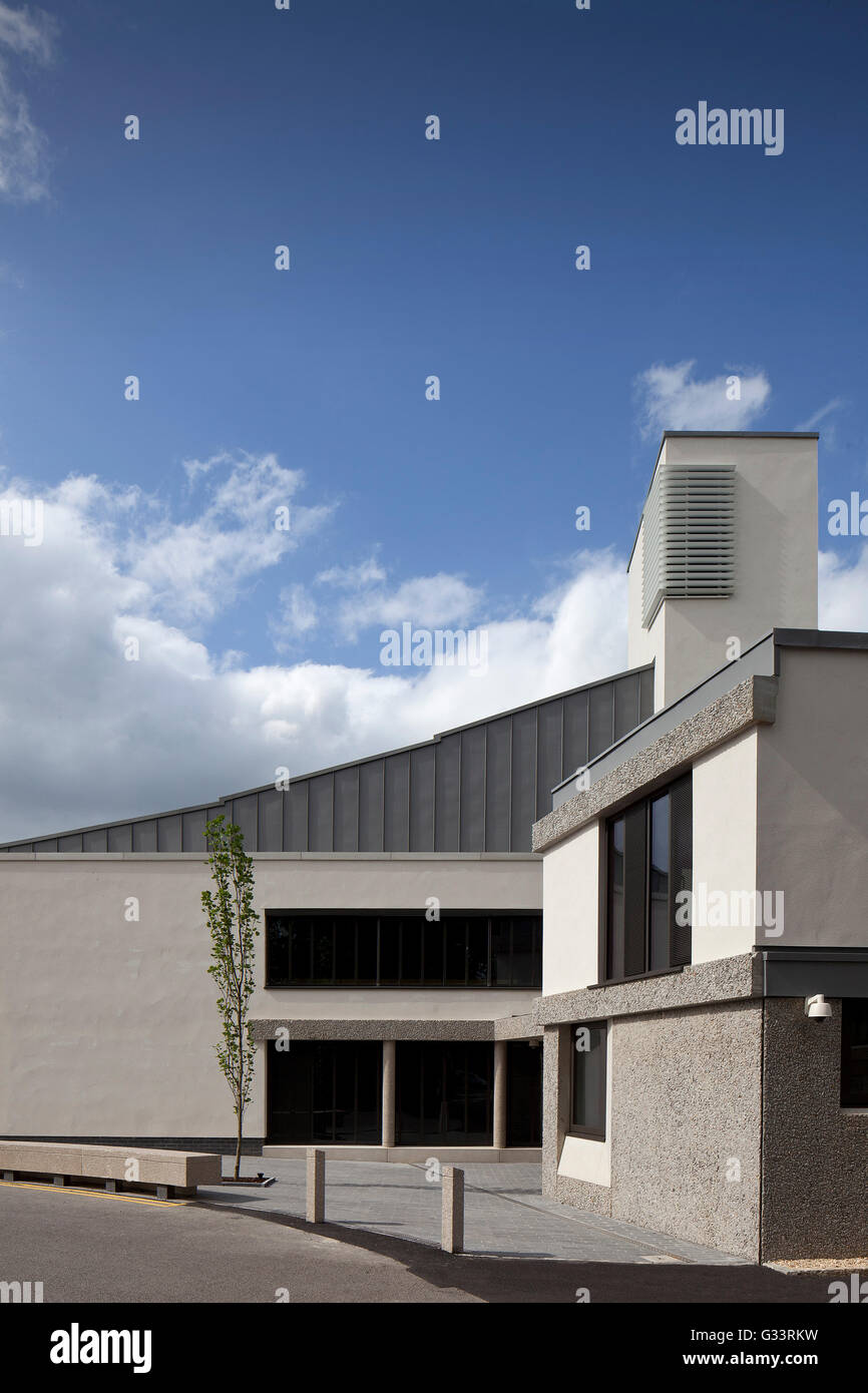 Elevazione laterale con forma a cuneo, tetto di zinco. Wolfson College Auditorium, Oxford, Regno Unito. Architetto: Berman Guedes Stretton, 2013. Foto Stock