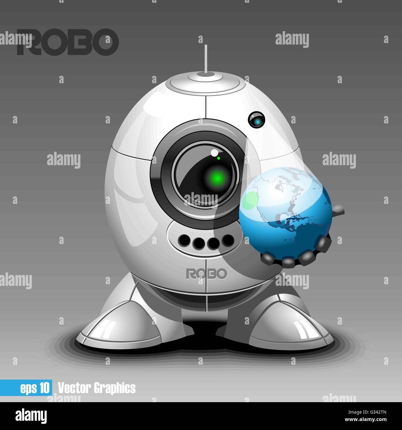 Argento eyeborg robo proiettando il pianeta terra in 3d, tenendo in mano. Grande verde e occhio nero e antenna, due piedi. Digital v Illustrazione Vettoriale