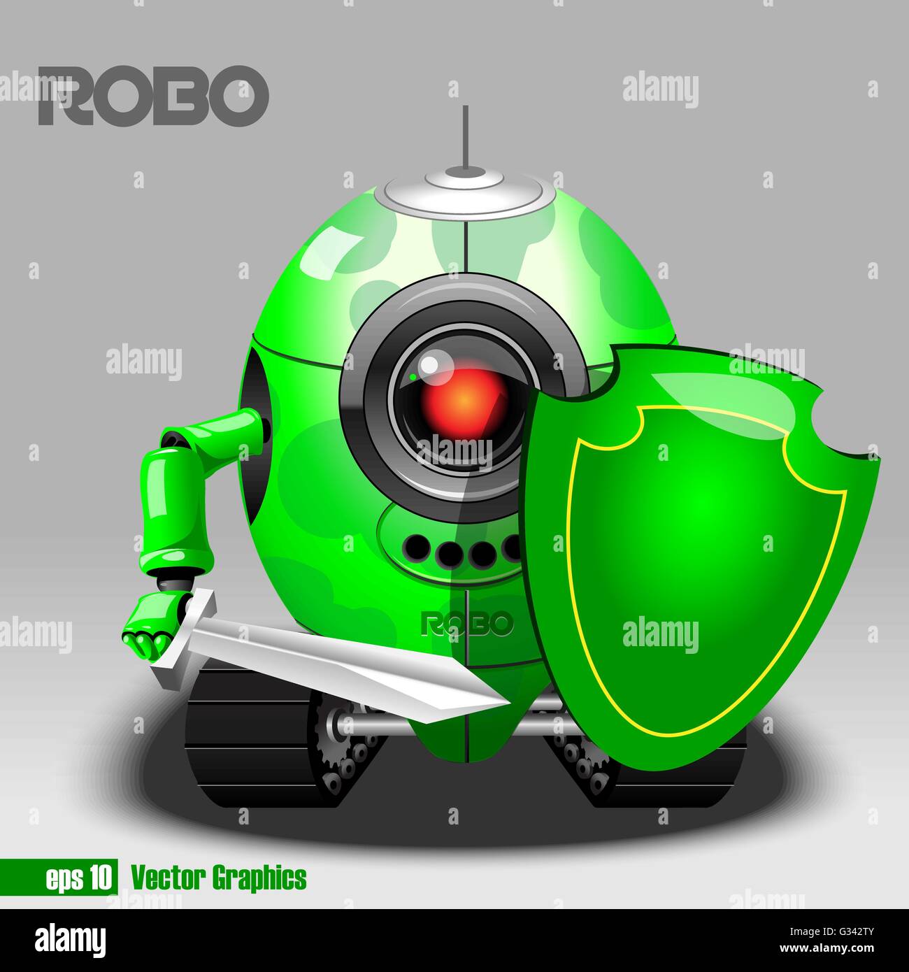 3d green robo eyeborg guerriero con spada e scudo e che si muove come un serbatoio. Big Red e black eye e antenna. Vettore digitale im Illustrazione Vettoriale