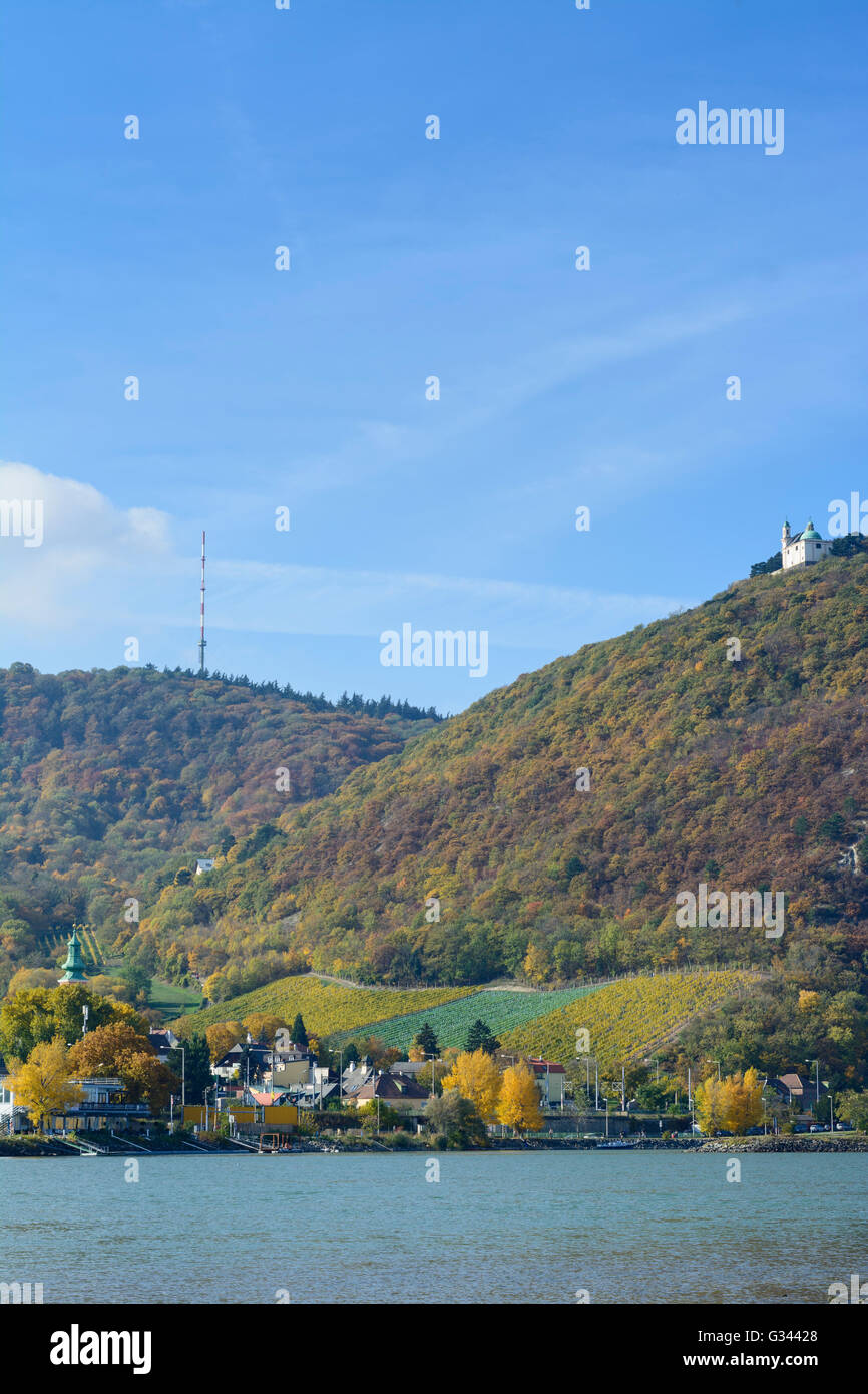 Danubio , Kahlenberg con trasmettitore , Leopoldsberg con San Leopoldo , Kahlenbergerdorf, Austria, Wien, 19., Wien, Vienna Foto Stock