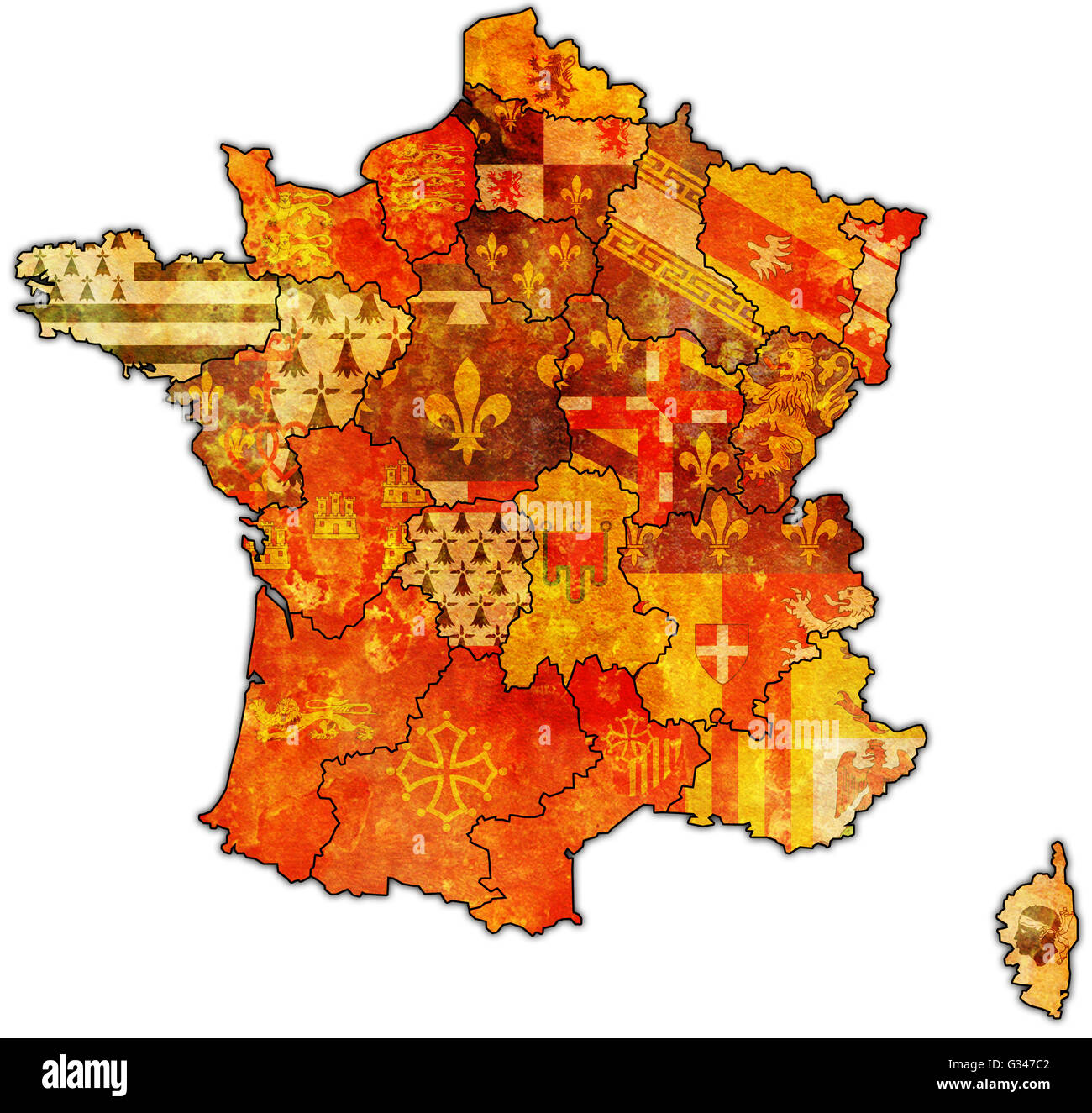 Mappa vecchia di Francia con le bandiere delle divisioni amministrative Foto Stock