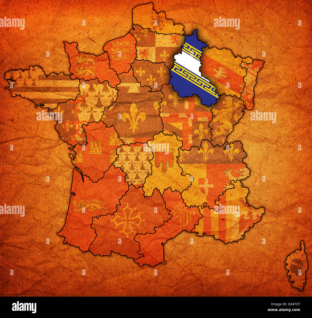 Champagne-Ardenne sulla vecchia mappa della Francia con le bandiere delle divisioni amministrative Foto Stock