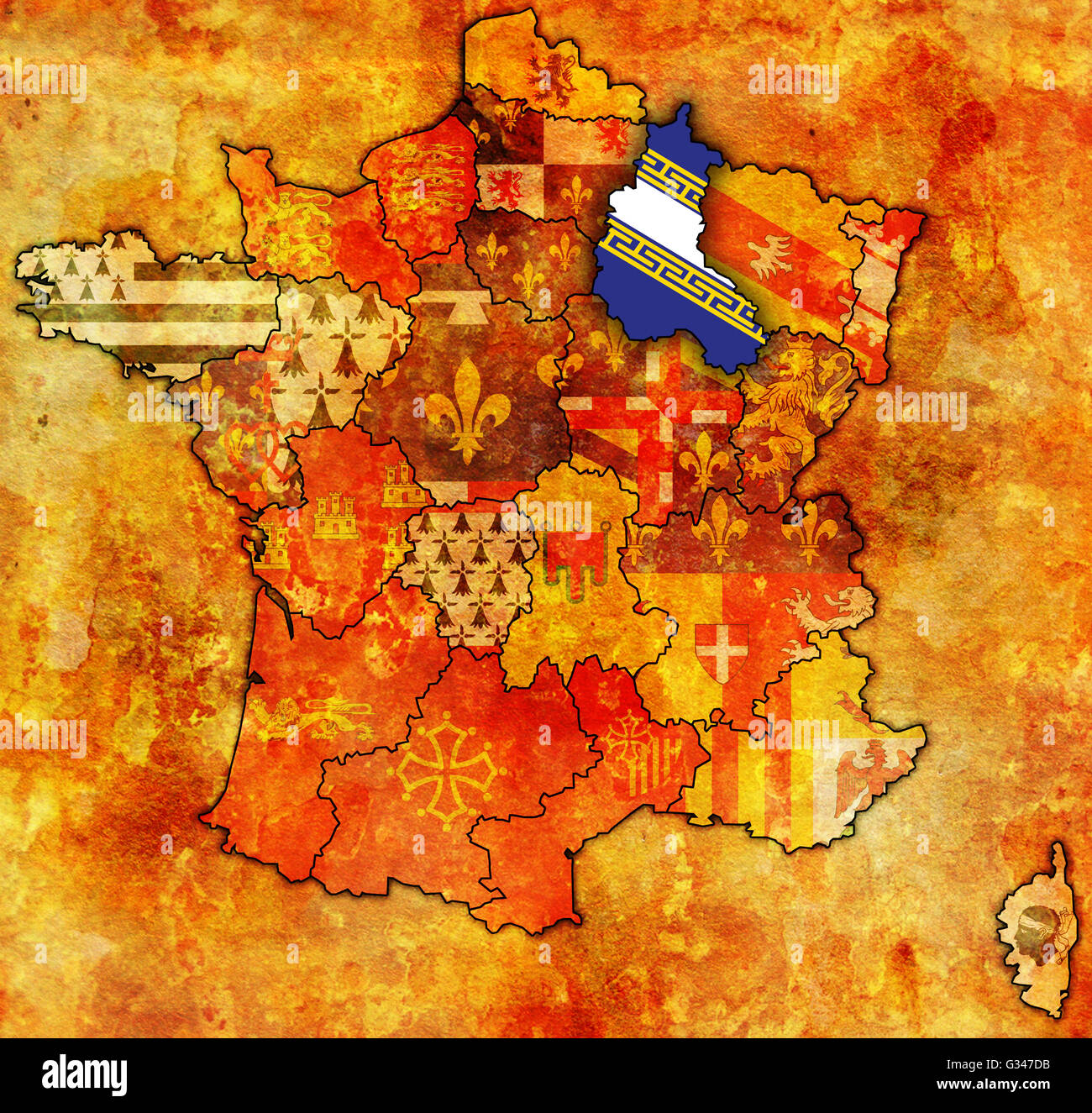 Champagne-Ardenne sulla vecchia mappa della Francia con le bandiere delle divisioni amministrative Foto Stock