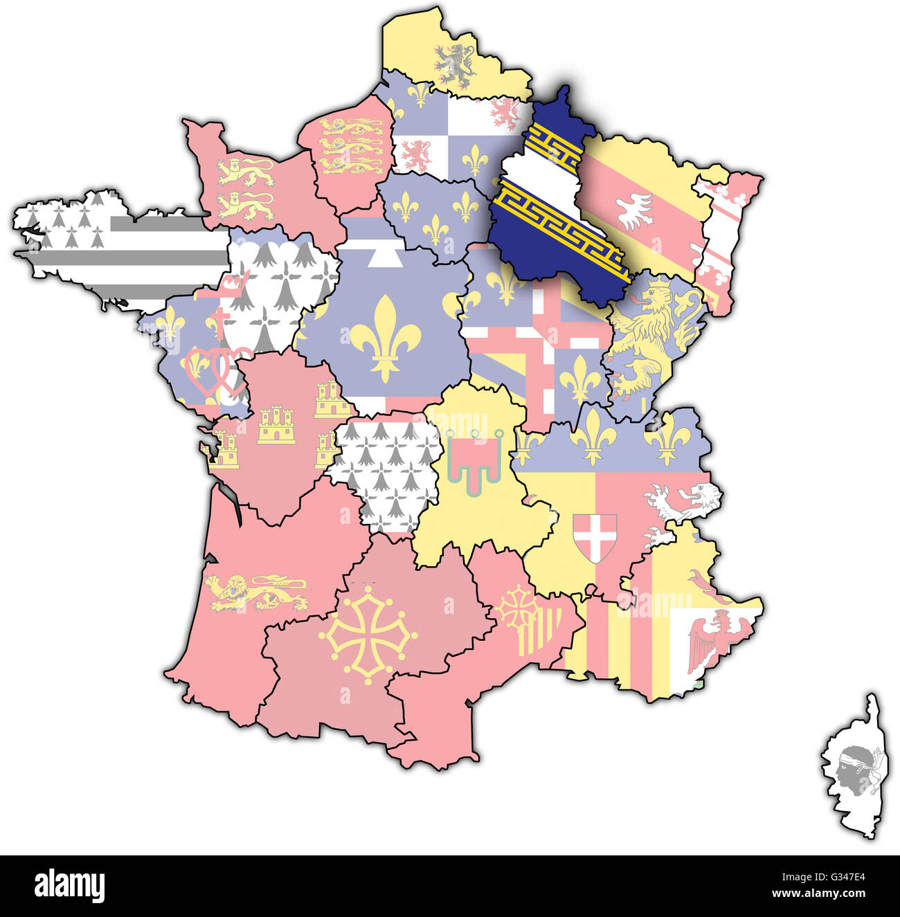 Champagne-Ardenne sulla vecchia mappa della Francia con le bandiere delle divisioni amministrative Foto Stock