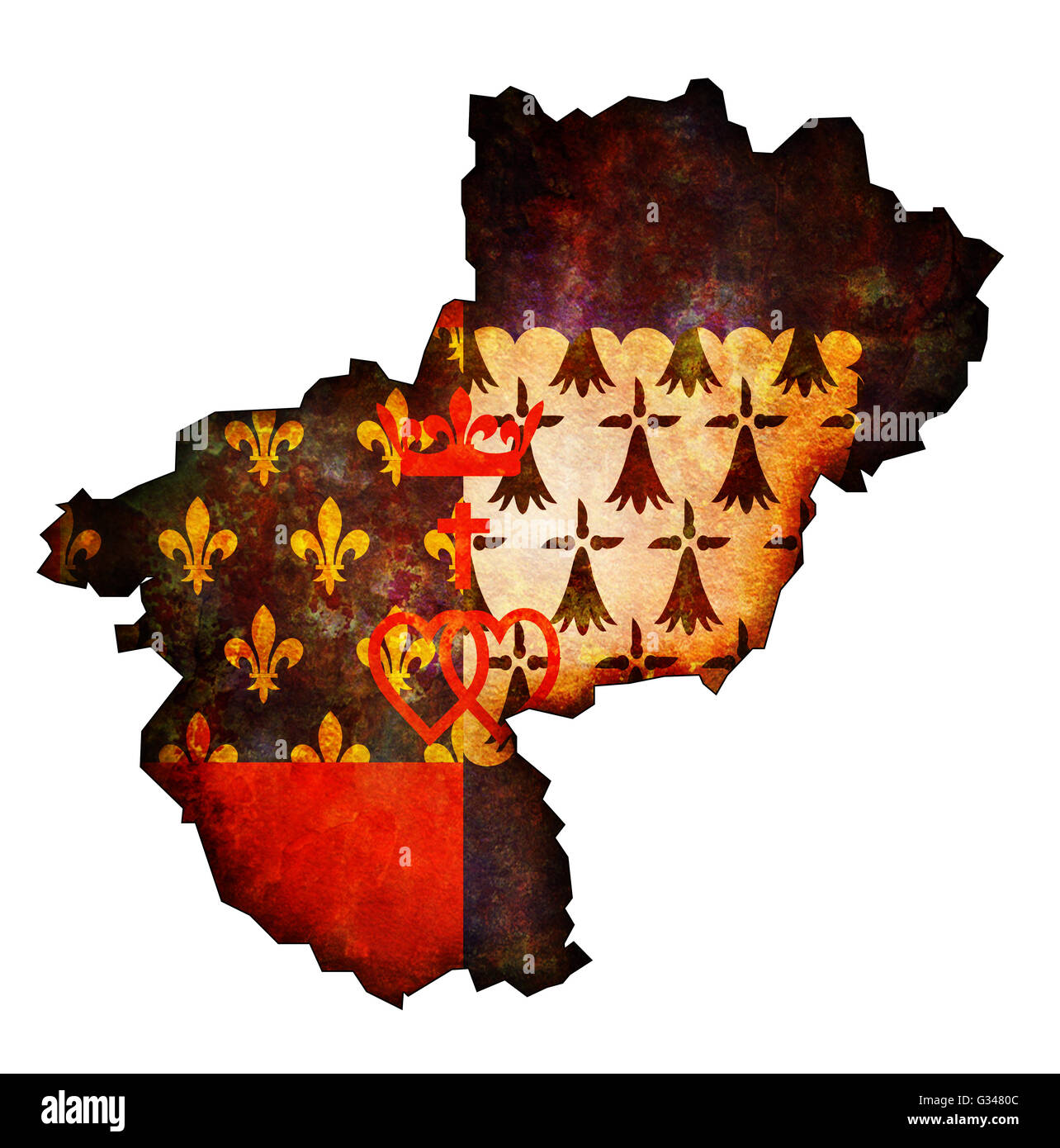 Mappa vecchia con la bandiera del reparto, regione amministrativa di Francia chiamata Pays de la Loire Foto Stock