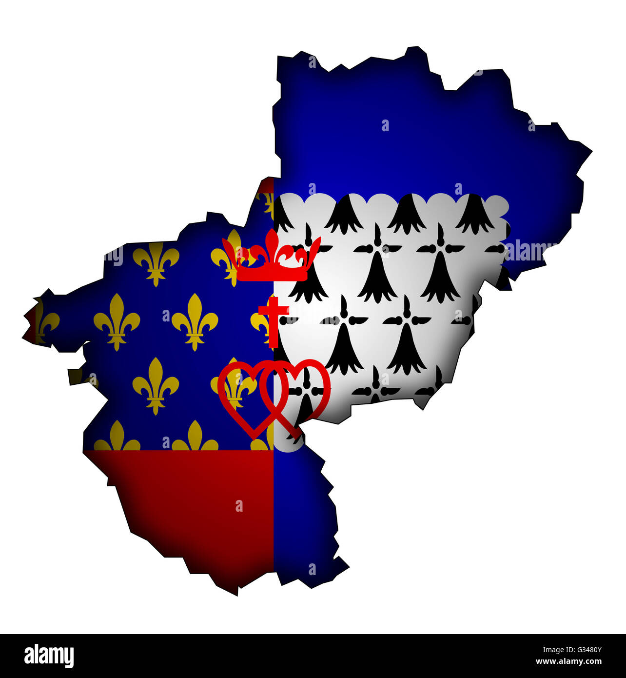 Mappa vecchia con la bandiera del reparto, regione amministrativa di Francia chiamata Pays de la Loire Foto Stock