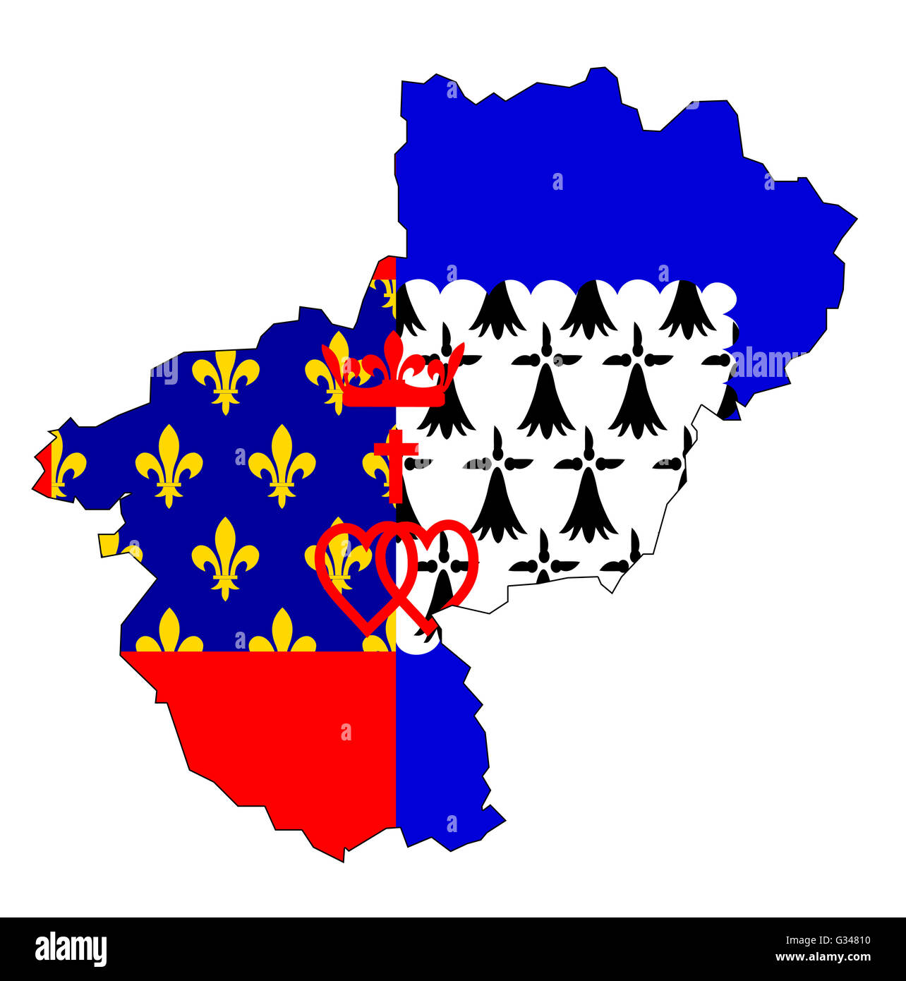 Mappa vecchia con la bandiera del reparto, regione amministrativa di Francia chiamata Pays de la Loire Foto Stock