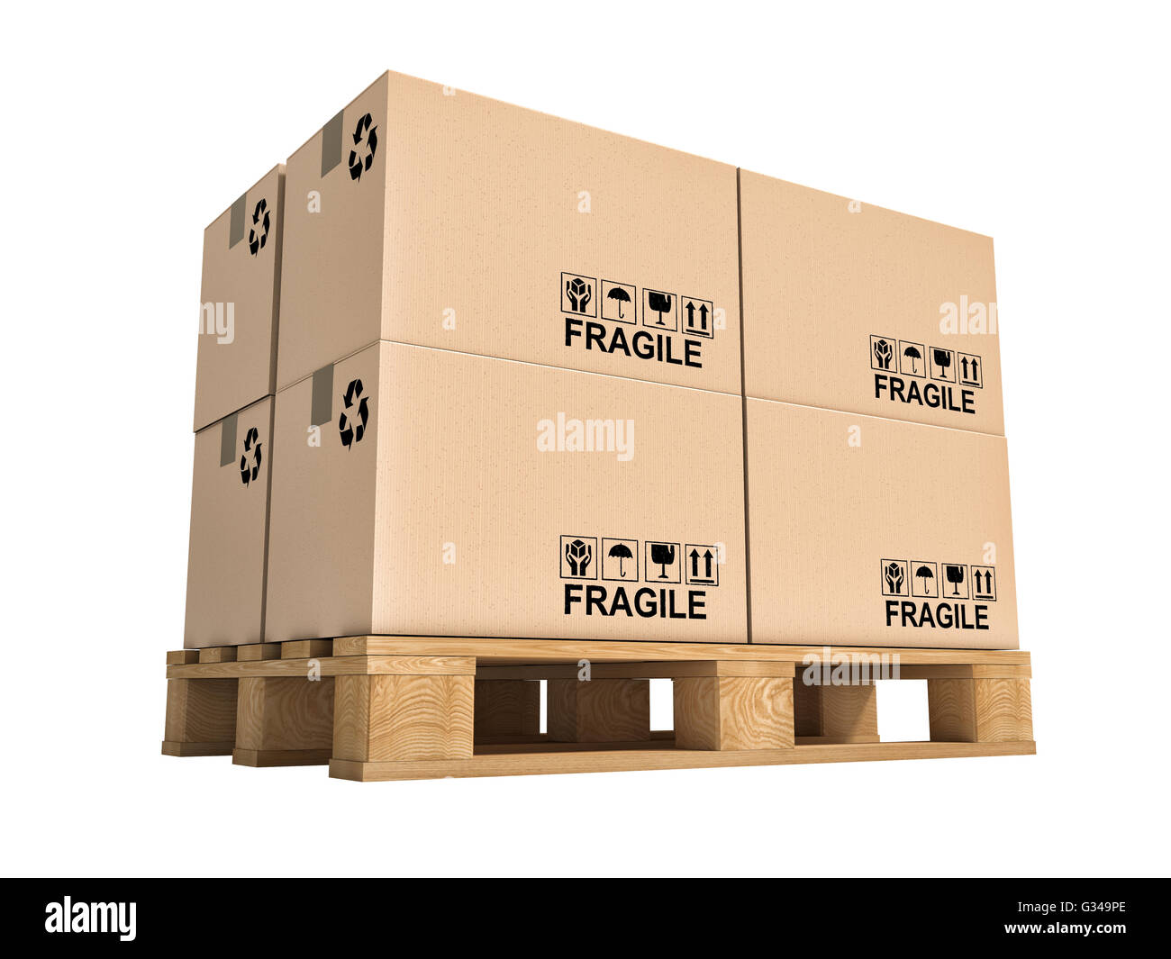 Pallet e scatole isolate su sfondo bianco Foto Stock