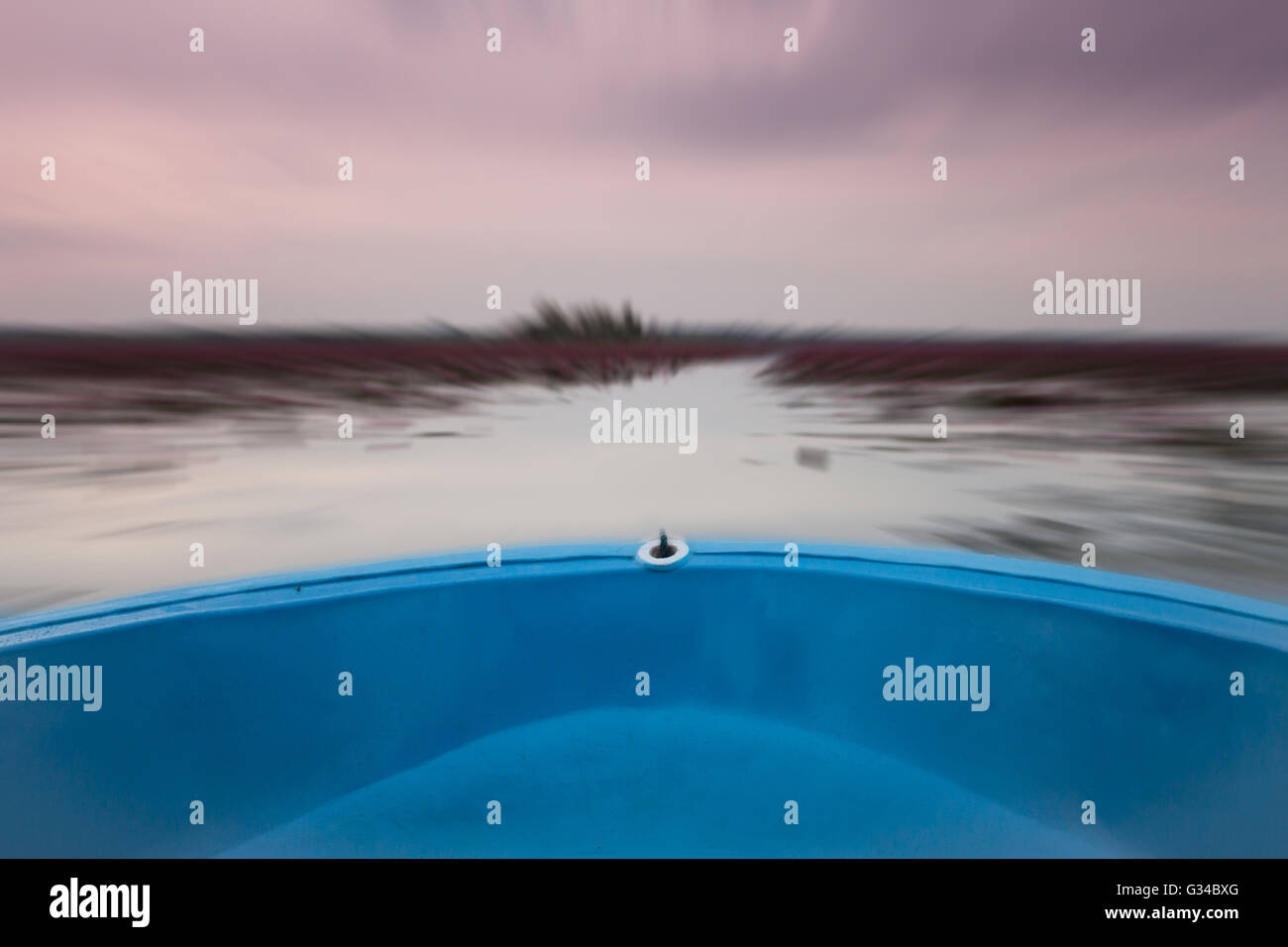 Piccola barca nel lago di red lotus con blur sullo sfondo, stock photo Foto Stock