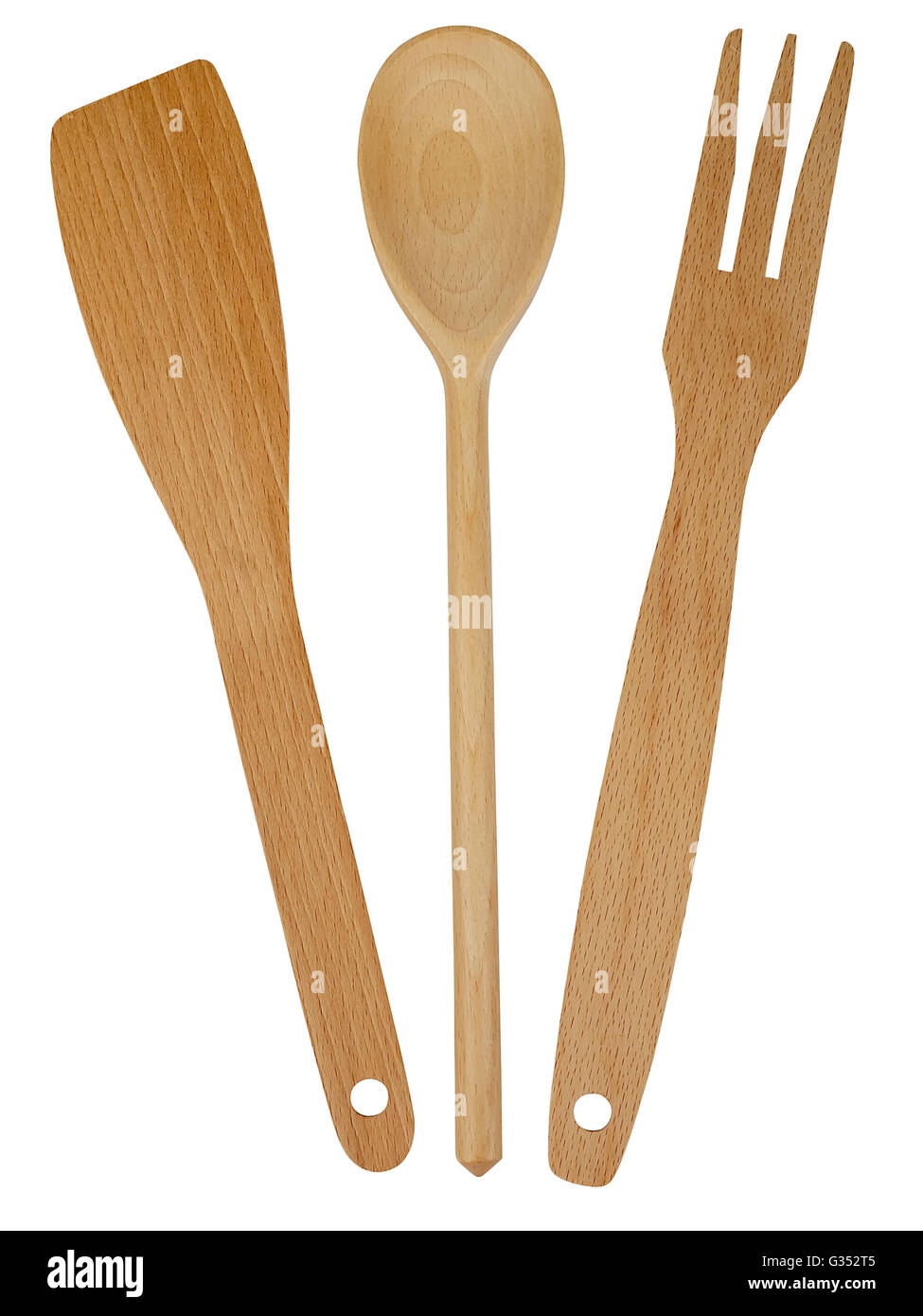 Cucina in legno utensile isolato su sfondo bianco, studio shot Foto Stock