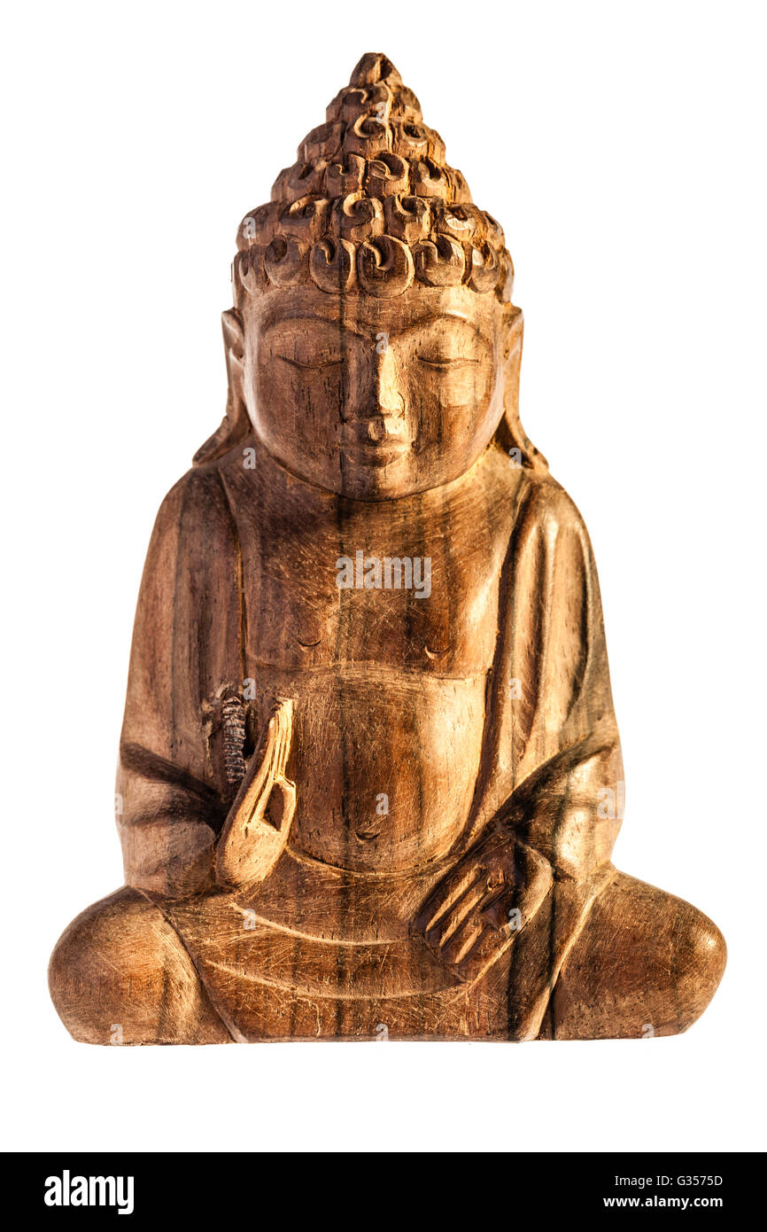 Un indonesiano buddha in legno isolate su uno sfondo bianco Foto Stock