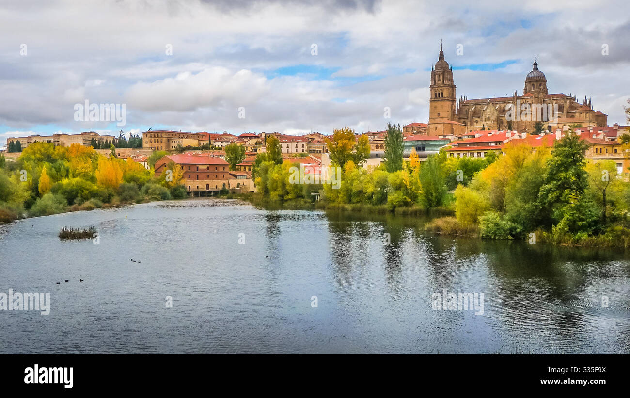 Bella vista panoramica del centro storico della città di Salamanca con il Rio Tormes e nuova Cattedrale dal ponte ENRIQUE ESTEBAN in autu Foto Stock