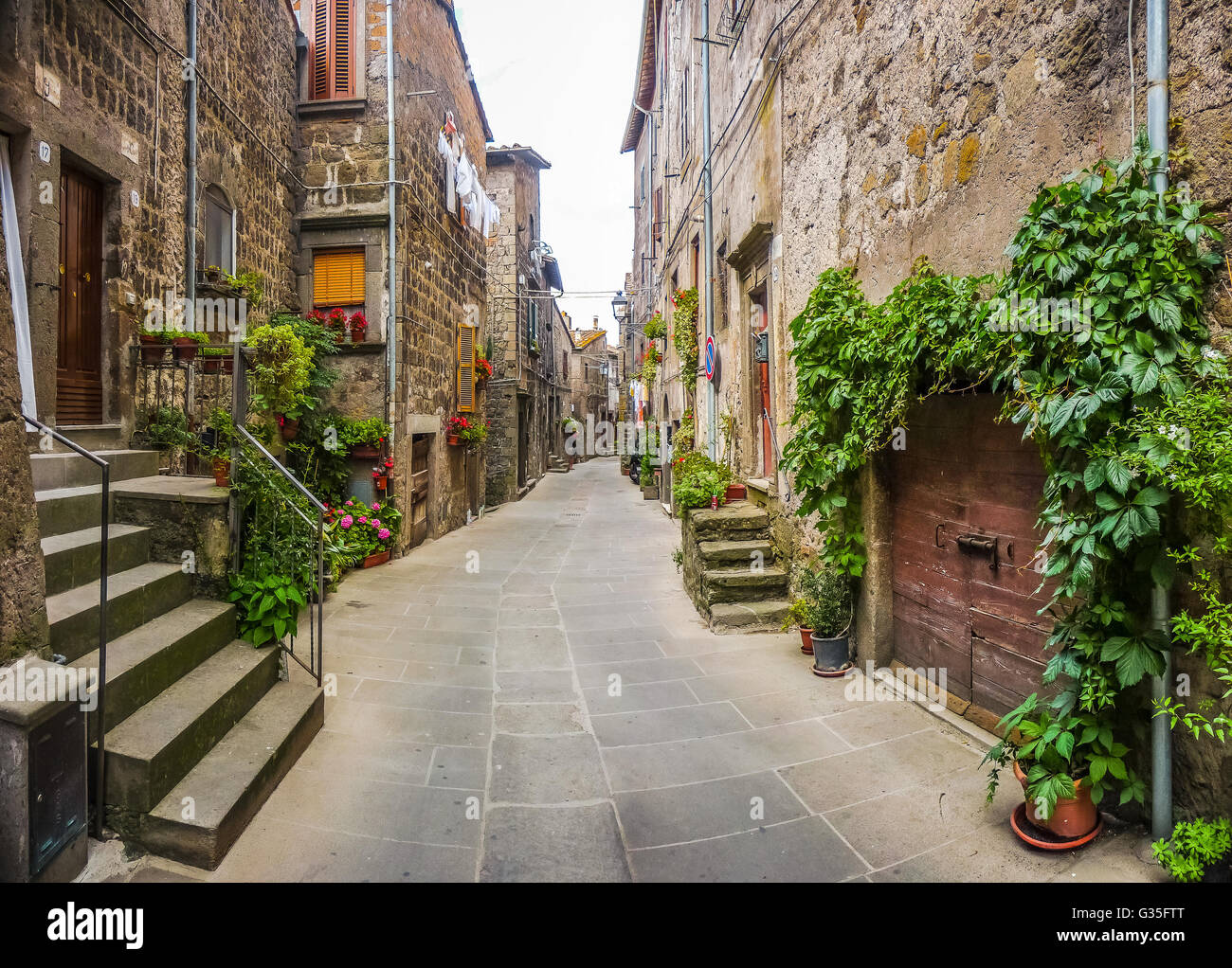 Bellissima vista di vecchie case tradizionali e idilliaco vicoletto nella storica cittadina di Vitorchiano, Viterbo, Lazio, Italia Foto Stock